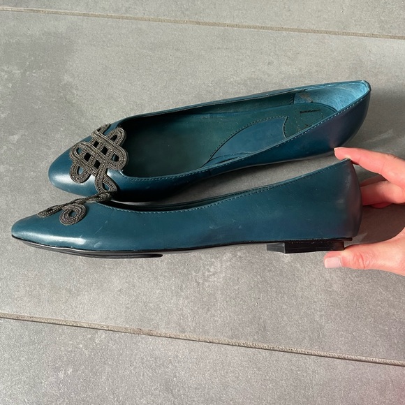 Diane Von Furstenberg Teal ballet Flats w micro chain gunmetal Embellishment 7 - Picture 7 of 16